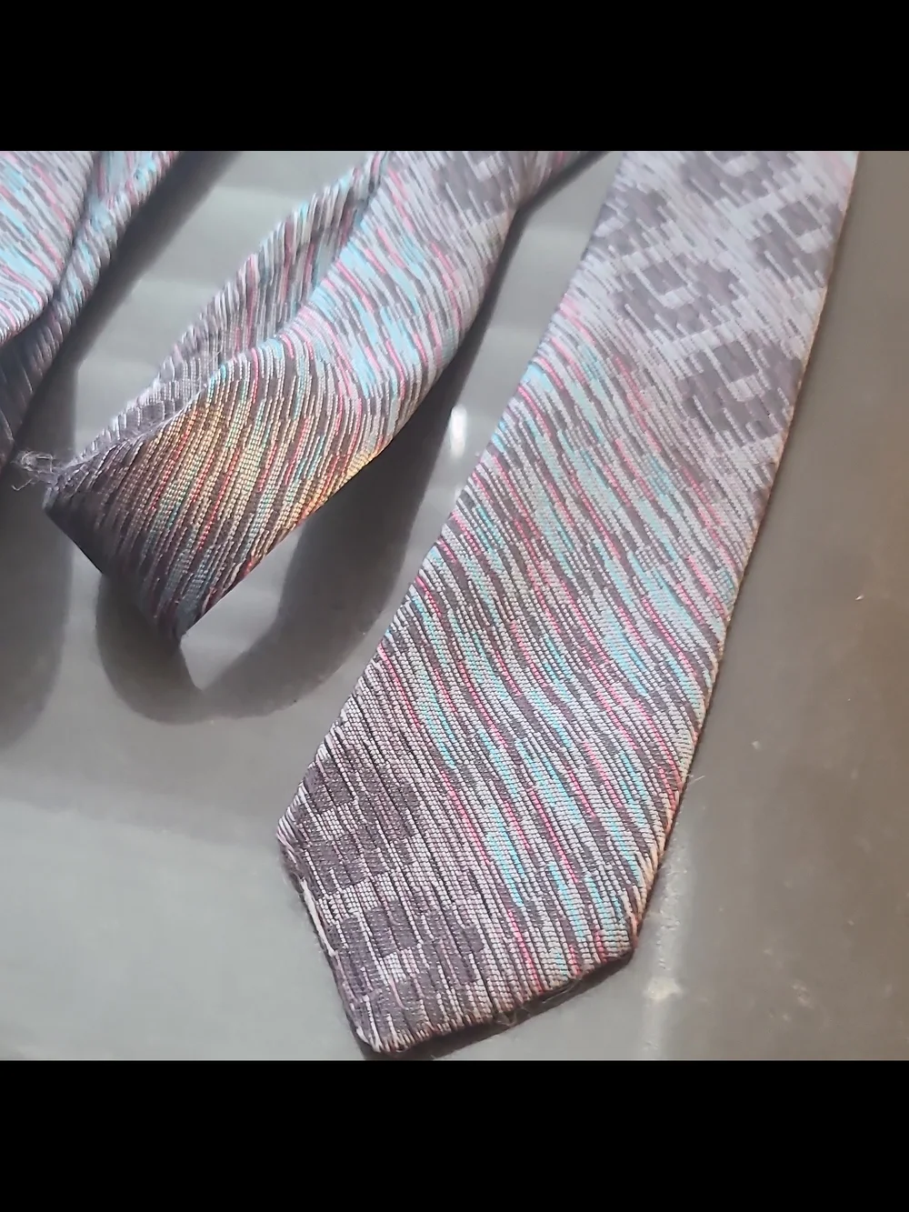 80s Sabina Men's Gray Blue Pink Striped Woven Polyester Skinny  Necktie